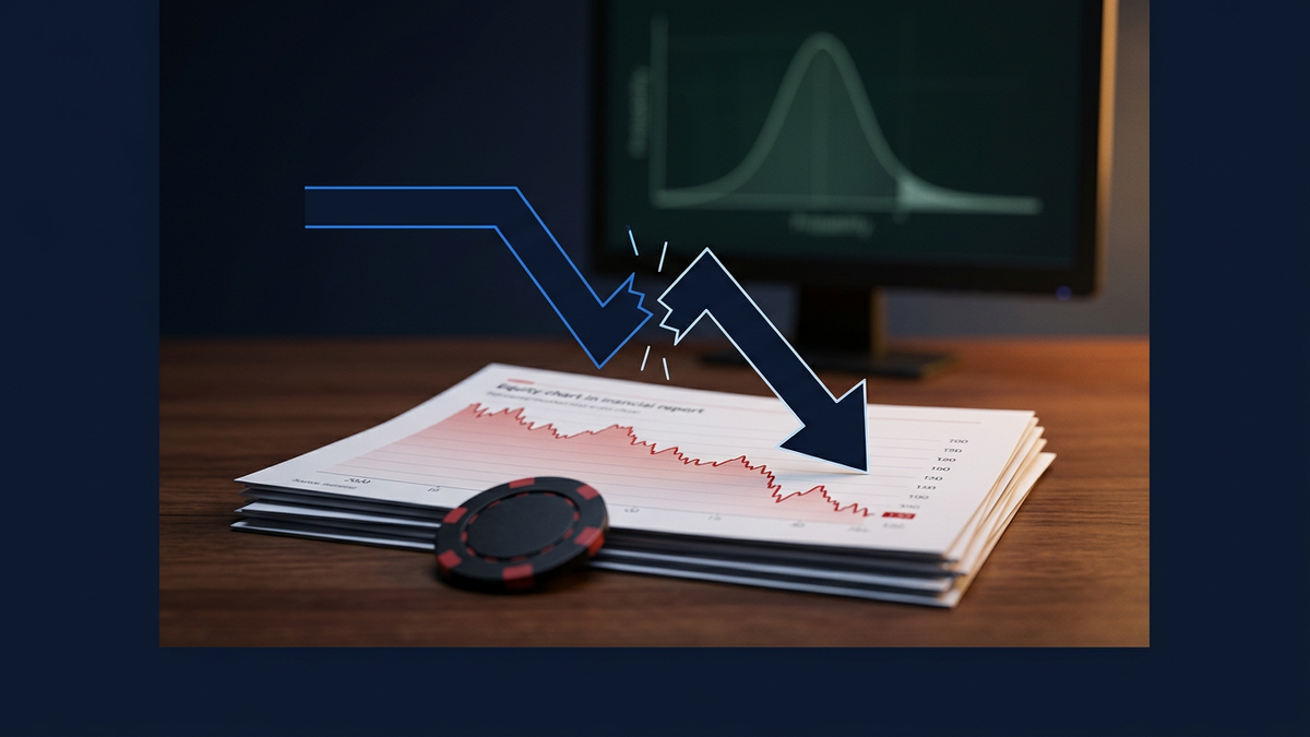 A polished walnut trading desk in low evening light, a printed equity chart in red lying on the desk, a single matte black poker chip resting on the chart in the foreground, a distant monitor behind the desk showing a faint green probability curve