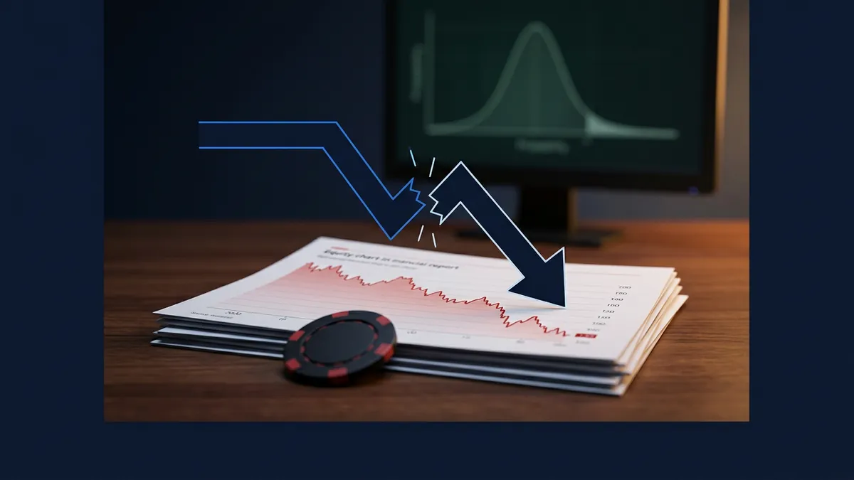 A printed equity chart showing a declining red line sits on a wooden desk beside a black and red poker chip, with two downward arrows overlaid in blue and navy, and a monitor displaying a bell curve in the background.