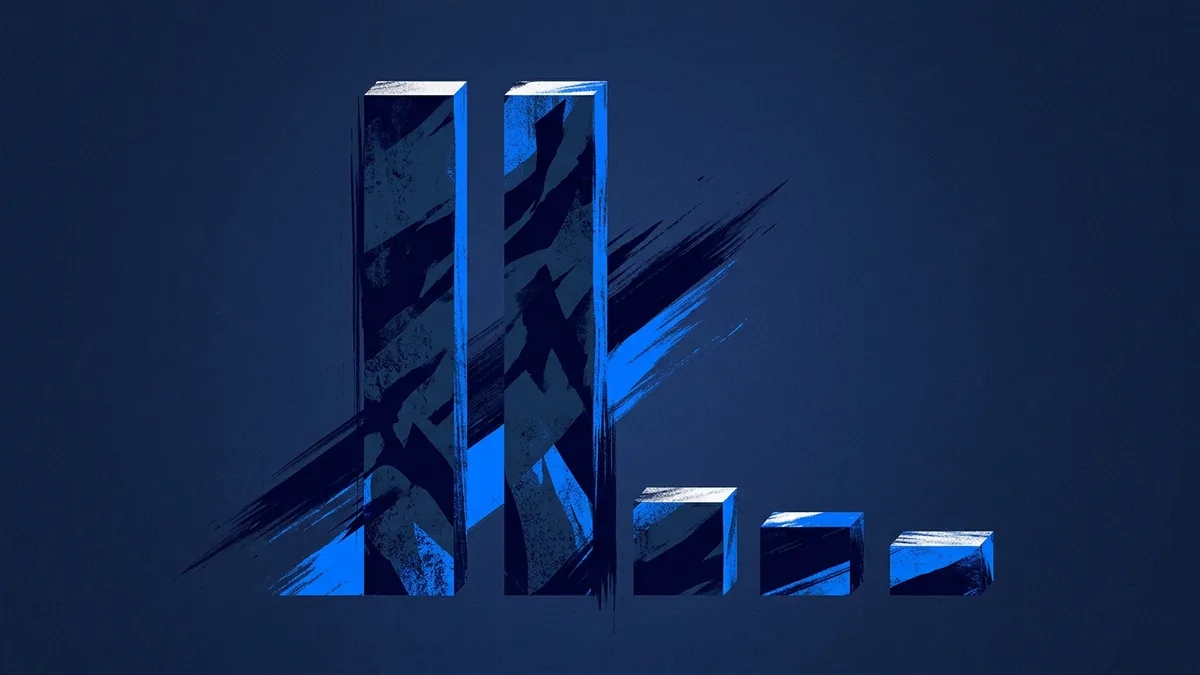 Abstract 3D bar chart rendered in deep navy and electric blue, with tall rectangular columns of varying heights and rough brush-stroke textures, set against a dark navy background.
