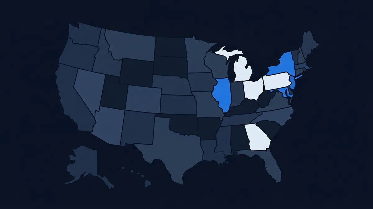 A stylised map of the United States on a very dark navy background. Most states are a muted grey-blue; around eight in the midwest and north-east, among them Michigan, Illinois, Ohio, Pennsylvania, New York and Georgia, are picked out in white and bright blue. No text or labels.