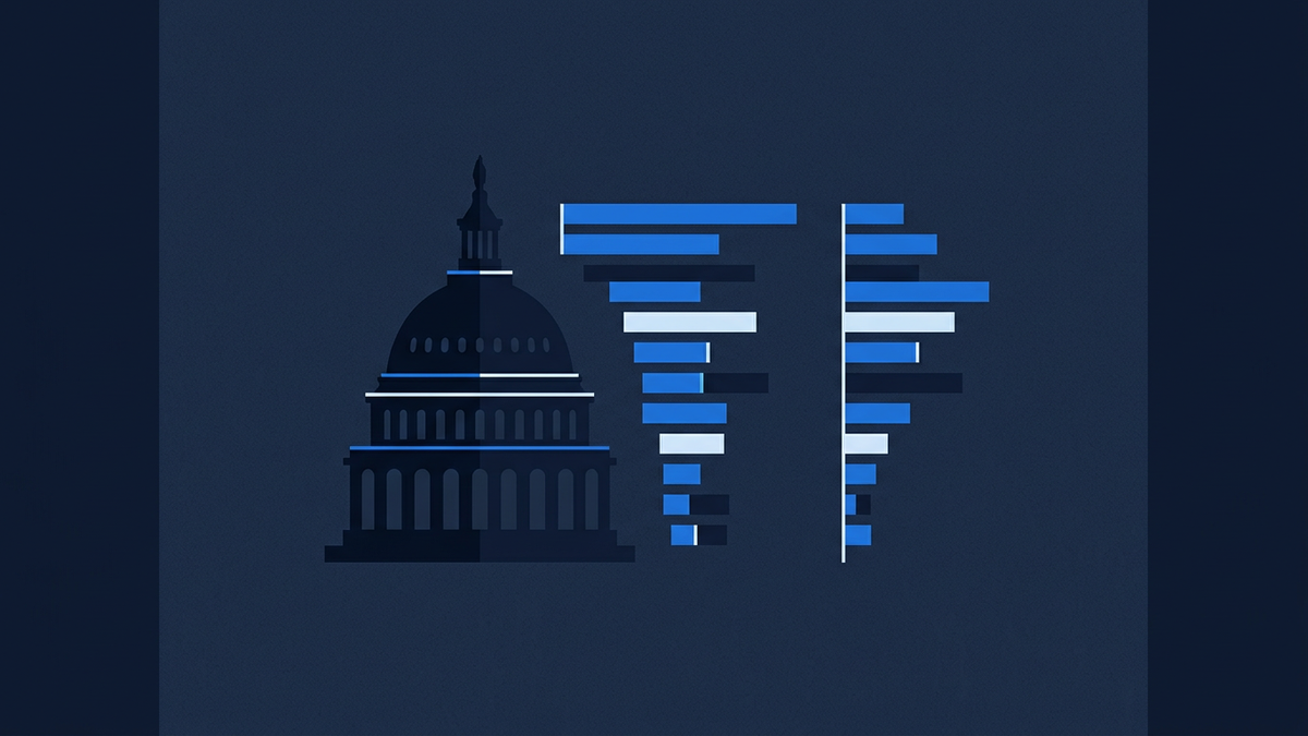 Flat geometric US Capitol dome on a deep navy ground, with two columns of abstract horizontal bars of differing lengths beside it suggesting two separate sets of probabilities.