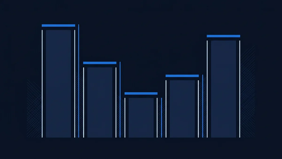 A stylised bar chart with five dark navy columns of varying heights, each topped with a bright blue horizontal highlight line, set against a deep navy background with subtle diagonal grid textures at the edges.