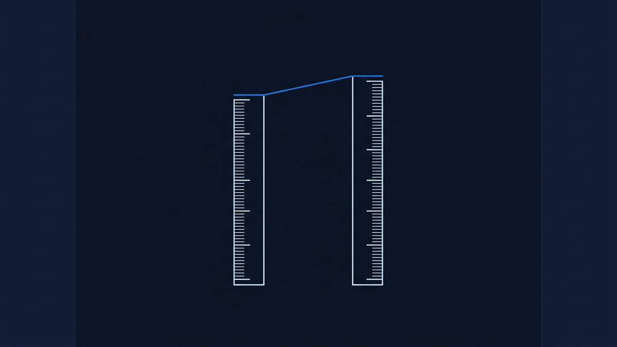 Two vertical ruler scales of different heights connected at their tops by a rising blue line, suggesting growth or comparison, on a deep navy background.