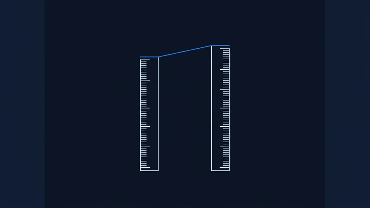 Two vertical ruler scales of different heights connected at their tops by a rising blue line, suggesting growth or comparison, on a deep navy background.