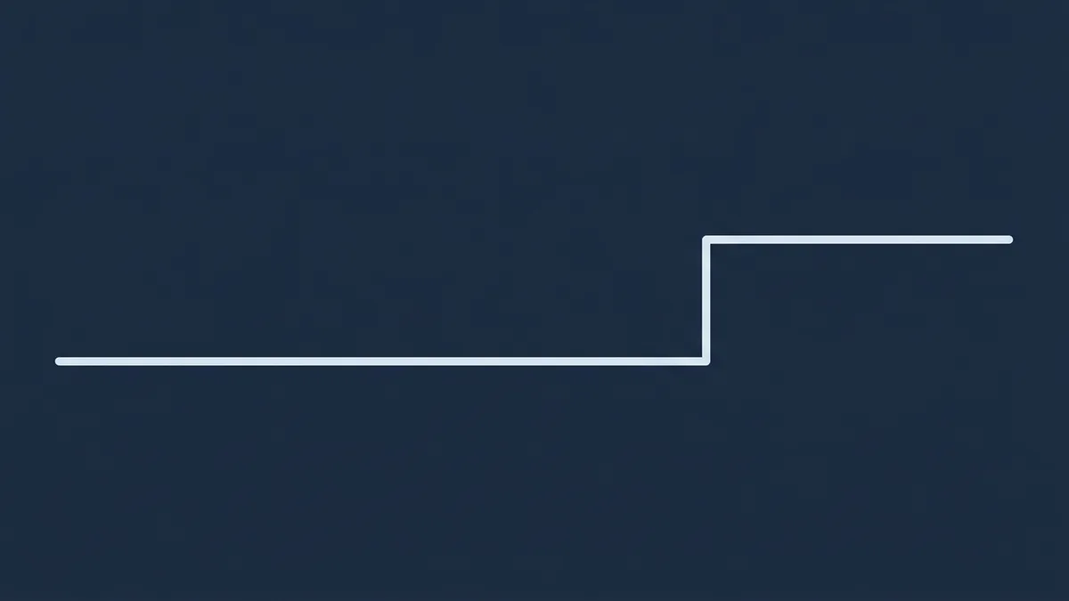 A single white stepped line rises from lower left to upper right against a deep navy background, forming a sharp right-angle step shape suggestive of a data chart or signal diagram.