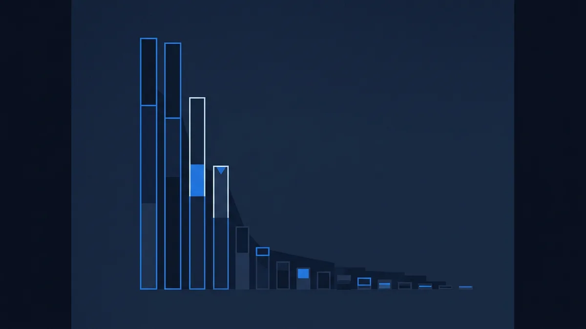 A stylised descending bar chart rendered in deep navy and electric blue, with tall outlined bars on the left tapering to small rectangles on the right, suggesting a power-law or ranking distribution.