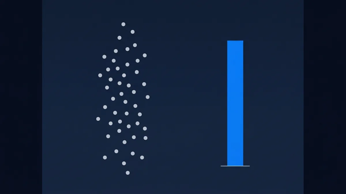 A dark navy background features a scattered cluster of small grey dots arranged in a loose vertical column on the left, beside a single tall bright blue bar on the right, suggesting a data visualisation comparing spread versus a single value.
