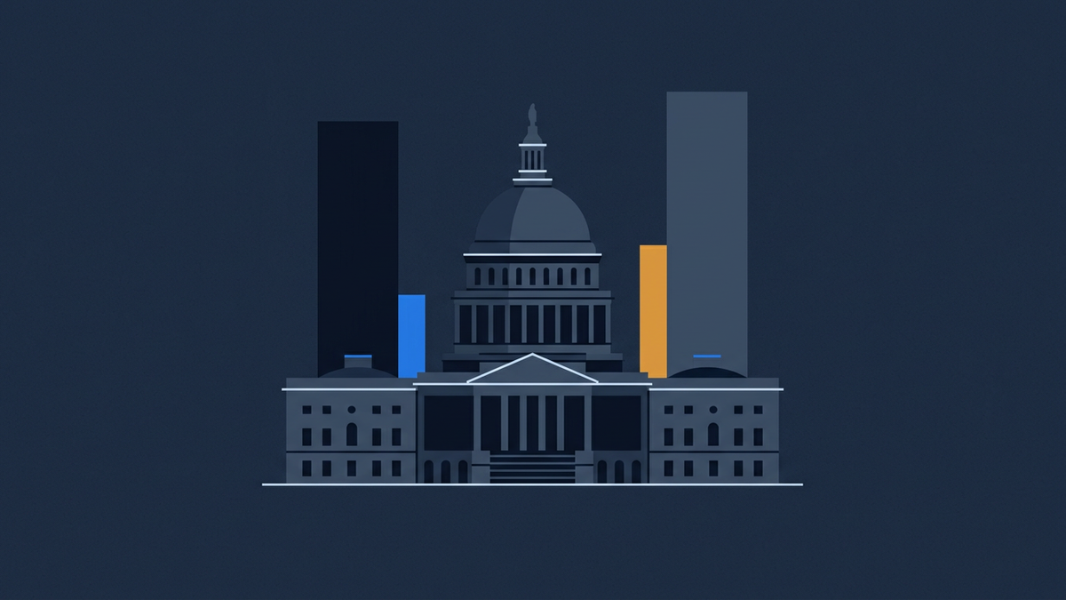 A stylised neoclassical Capitol building in flat geometric shapes on a deep navy ground, flanked by abstract vertical bars of differing heights suggesting probabilities