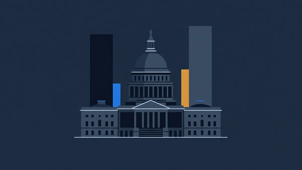 Flat geometric Capitol building with dome and columned facade on a deep navy background, flanked by coloured vertical bars in blue and amber suggesting a bar chart.