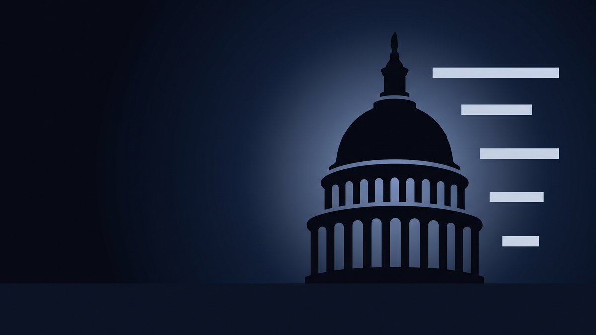 Flat geometric US Capitol dome on a deep navy ground, flanked by five short horizontal bars of differing lengths suggesting five separate contests.