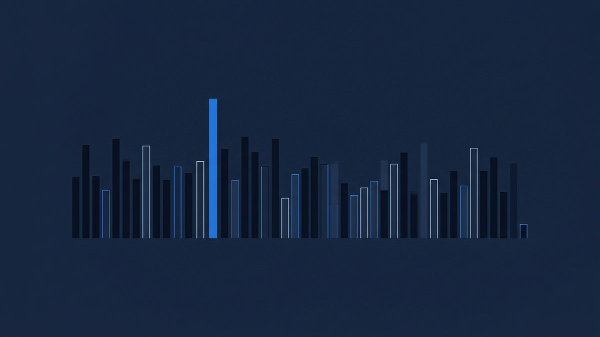 A stylised bar chart graphic on a deep navy background, featuring columns of varying heights in dark navy, white outline, and a single bright blue highlighted bar near the centre.