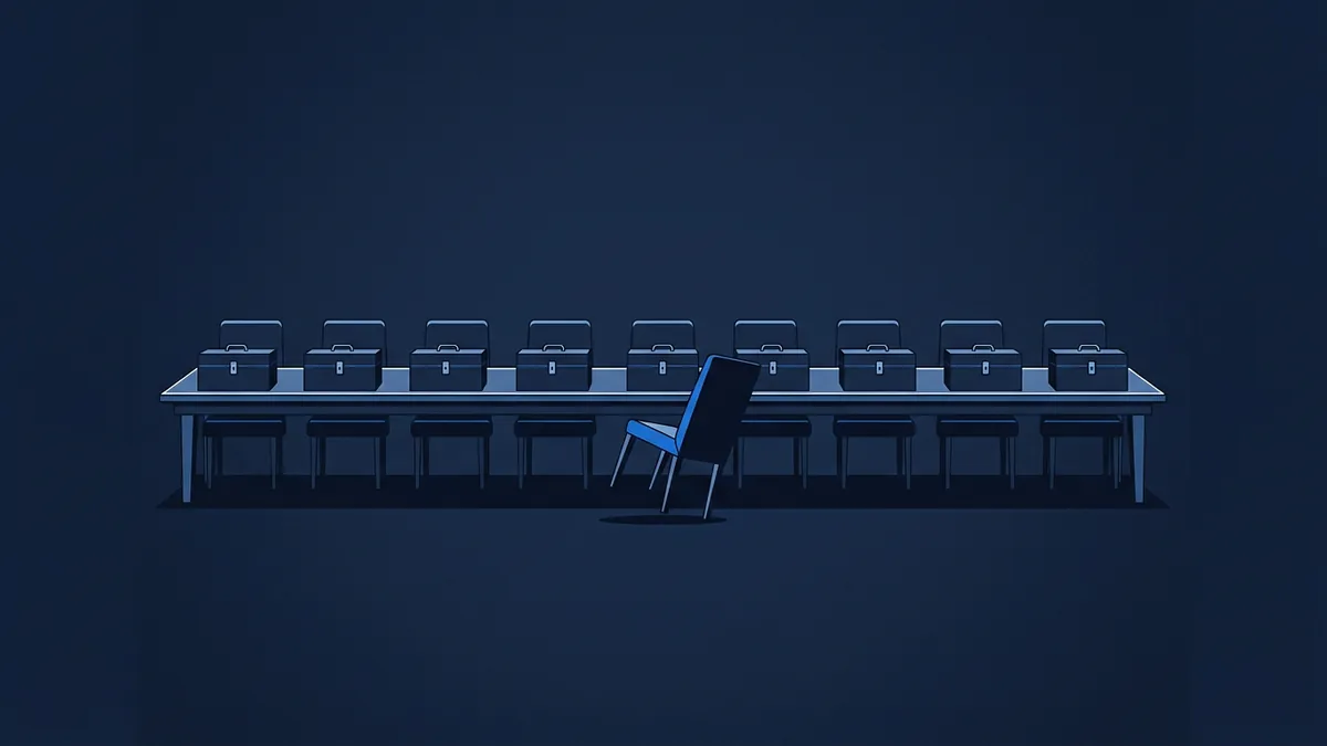 A long conference table holds a row of dark briefcase-style boxes on a deep navy background, with one bright blue chair tipped forward at the centre and dark stools tucked beneath the rest.