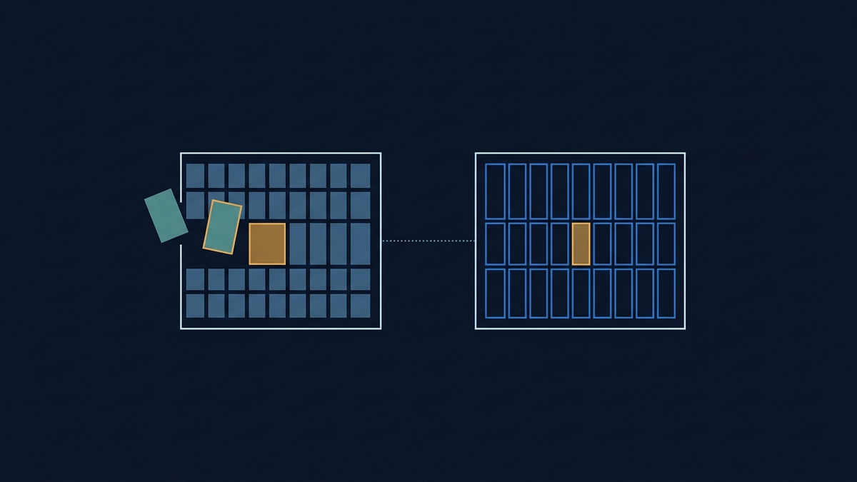 Two abstract geometric grid panels on a deep navy field, the left one solid with three tiles lifting away from its upper corner and the right one drawn as an outline with a single amber tile near its centre, a thin dotted line running between the two panels