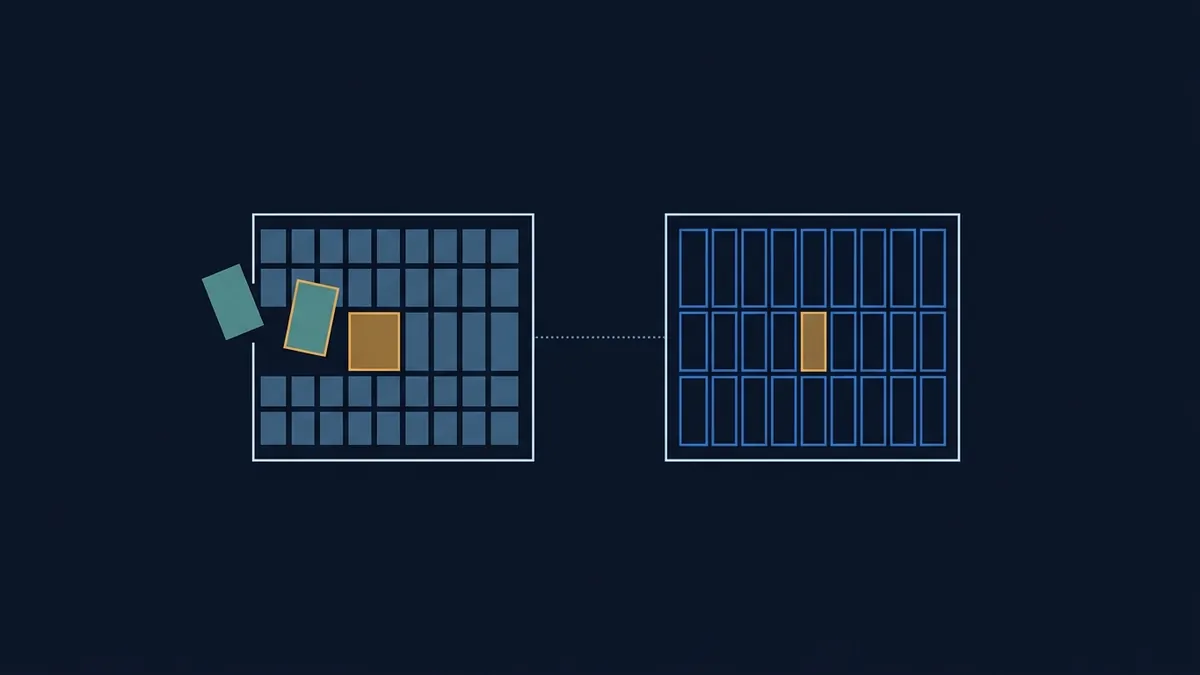 Two abstract grid diagrams on a deep navy background, the left a filled blue square grid with two teal and one amber geometric shape overlapping near its left edge, connected by a dotted line to a right panel showing an outlined grid with a single amber rectangle at its centre.