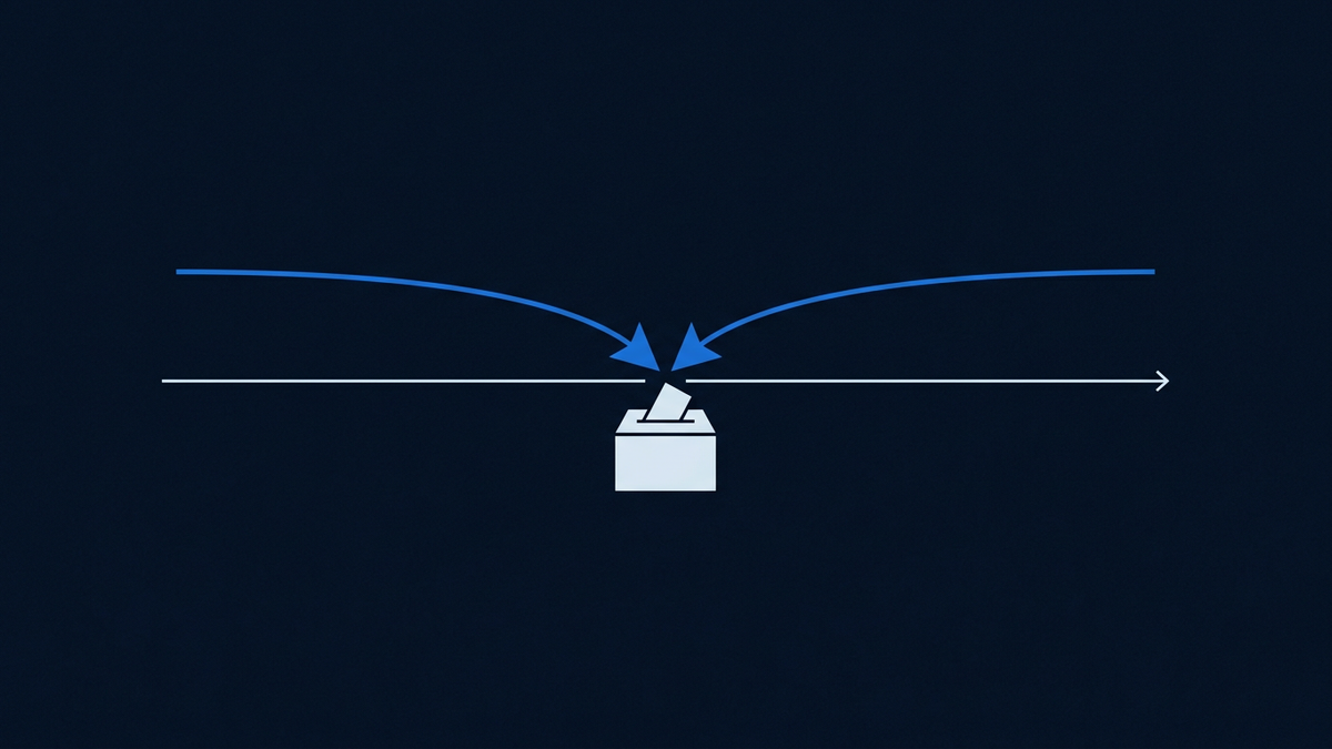 A stark editorial illustration of two ideological arrows bending toward each other from opposite sides of a political spectrum, meeting near a ballot box silhouette.
