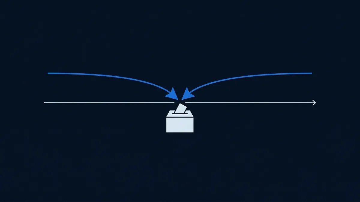 Two blue curved arrows sweep inward from opposite sides of a horizontal white timeline arrow, pointing down toward a small white ballot box icon on a dark navy background.