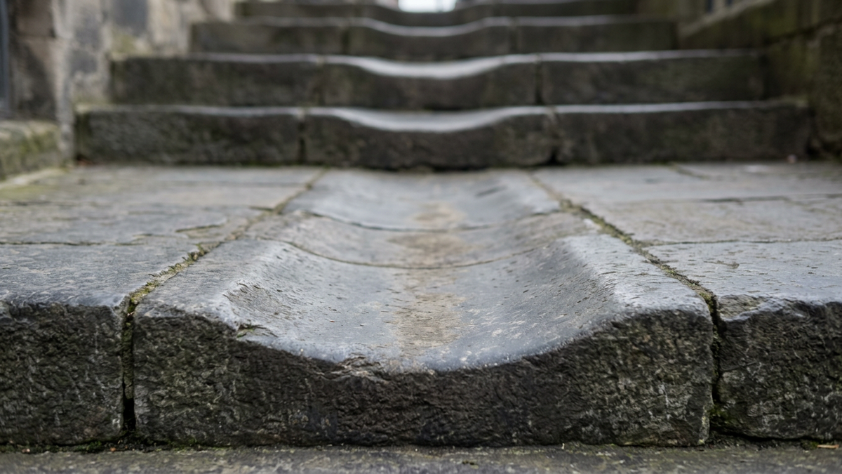 A flight of old stone steps photographed close and from slightly above, the centre of each tread worn into a smooth hollow by footfall while the outer edges stay square and rough.