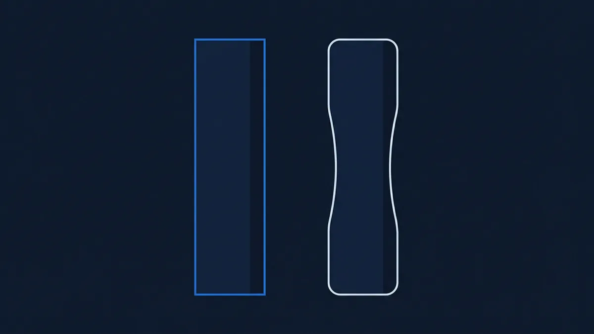 Two tall vertical bars on a dark navy background, the left outlined in blue with sharp rectangular corners, the right outlined in white with a concave waist and rounded corners, suggesting shape distortion or deformation.