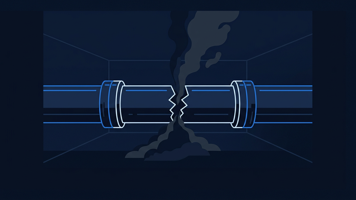 A ruptured undersea pipeline lying broken on a dark seabed, cross-section visible, sediment plumes rising around the fracture