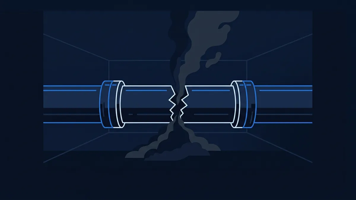 A broken pipe split at its centre leaks dark smoke or fluid in a stylised digital illustration, set against a dark navy blue geometric room backdrop.