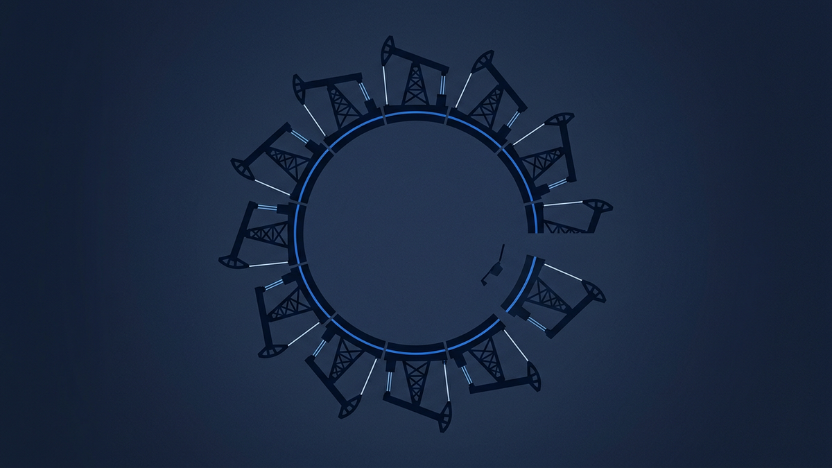 A single oil derrick silhouetted against layered angular geometry suggesting a fractured cartel ring, with one broken segment falling away