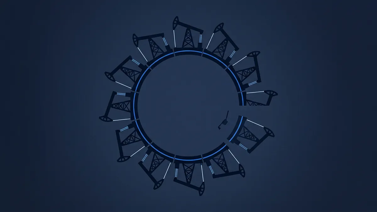Multiple oil pump jack silhouettes arranged in a circular ring pattern on a dark navy background, with a glowing blue circle at the center connecting all the derricks radiating outward.