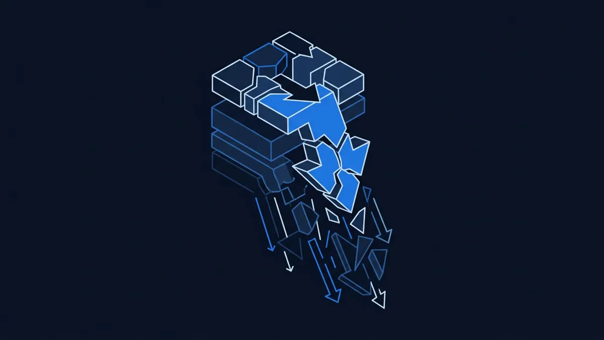 Isometric 3D blocks stacked in a column with large blue arrows piercing through them and fragmenting into smaller outline arrows cascading downward, all on a deep navy background.