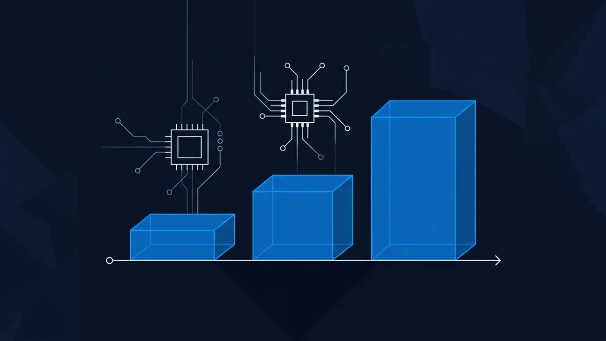 A dark navy digital illustration showing a rising bar chart with three blue 3D bars on a horizontal axis, accompanied by two circuit board chip icons with radiating connection lines above the bars.