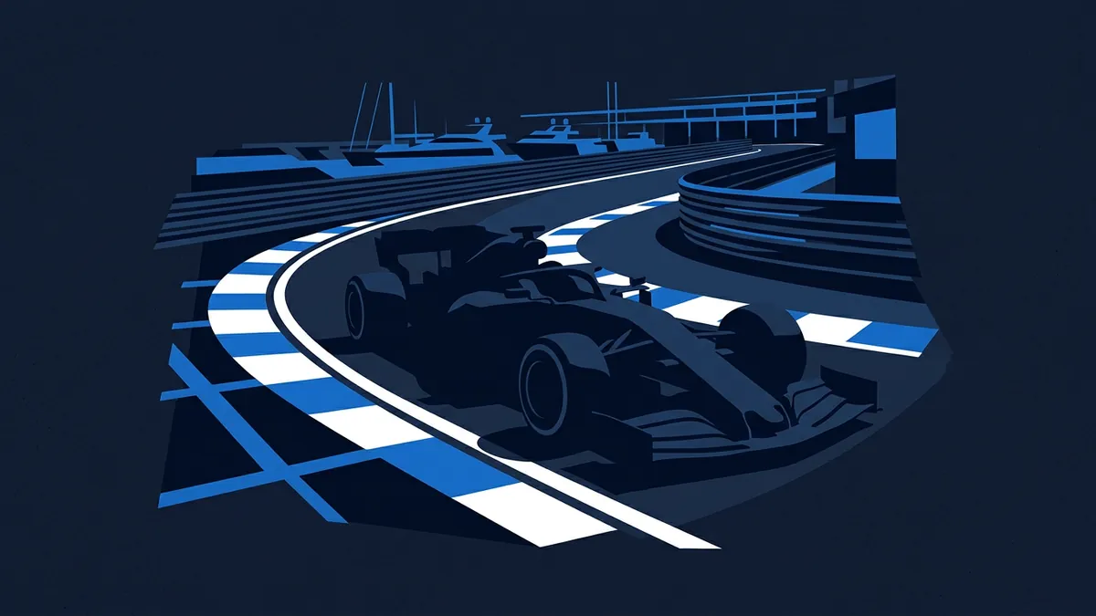 A stylised vector art Formula 1 car navigates a tight corner on a circuit with blue and white kerbs, yachts and grandstands visible in the background, rendered in a deep navy and blue palette.