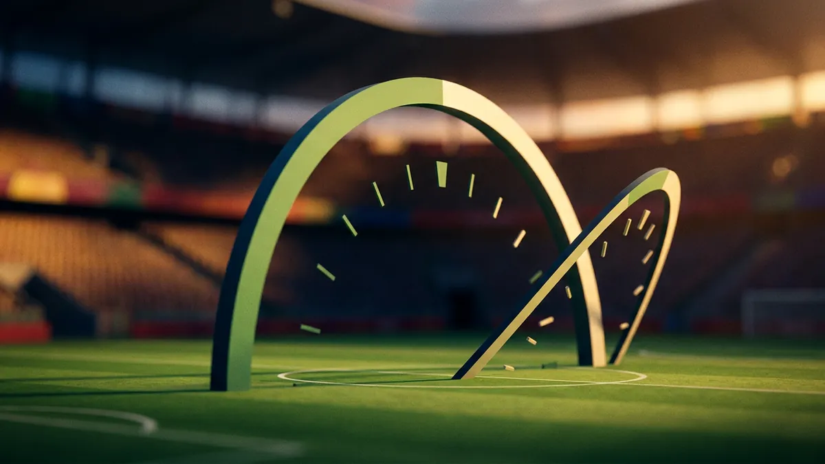 Two large 3D arch structures resembling speedometer dials rise from a sunlit football pitch at centre circle, rendered in lime green and dark navy against a blurred stadium crowd in warm amber tones.