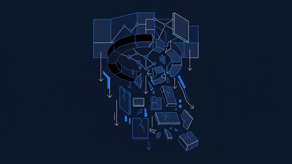 Abstract digital illustration on a dark navy background showing geometric shapes, cracked rectangles, cubes, and circular rings fragmenting and falling downward, connected by node-and-line network diagrams, rendered in blue and white outlines.