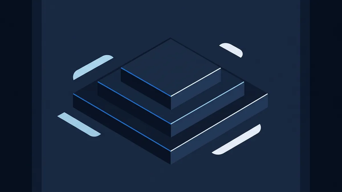 Three stacked square tiers forming an isometric pyramid shape, rendered in deep navy blue with blue and white edge highlights, set against a dark navy background with scattered light-blue and white curved accent marks.