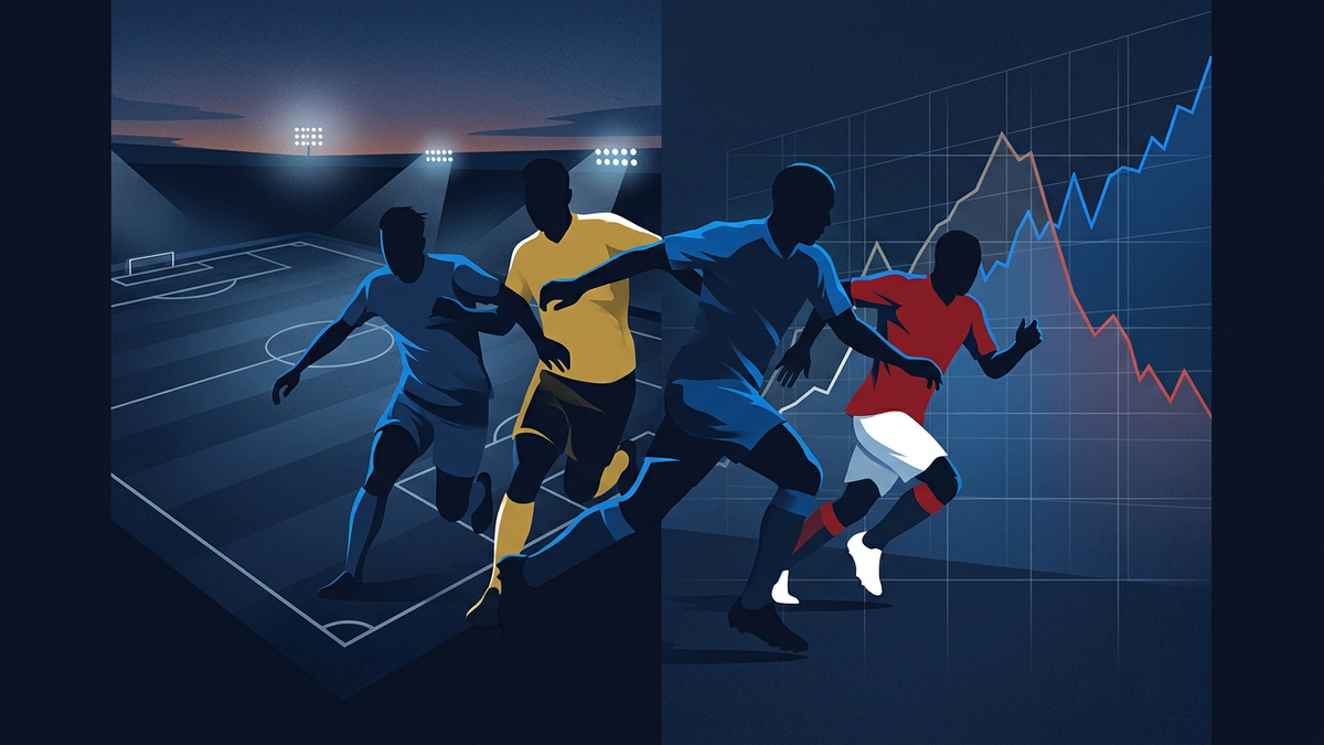 Illustration of footballers in silhouette running from a floodlit pitch at dusk towards a wall of rising and falling market lines