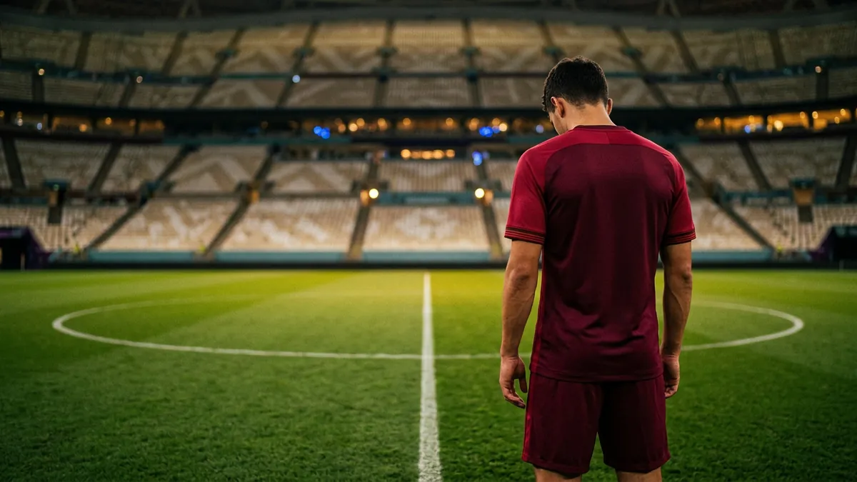 A footballer in a dark red kit stands with his back to the camera at the centre circle of an empty floodlit stadium, the pale tiered stands curving out of focus behind him.