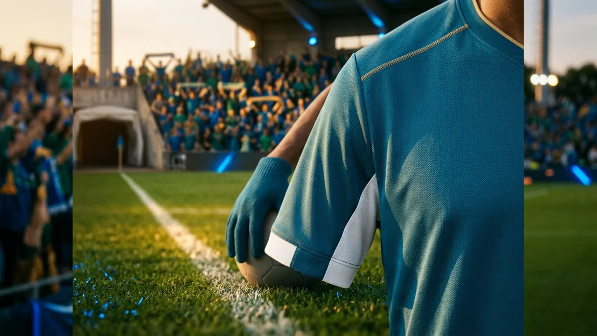 A soccer player in a teal jersey and matching glove places a ball on the touchline at a packed stadium, with a cheering crowd abstracted into blue and green tones under golden evening light.