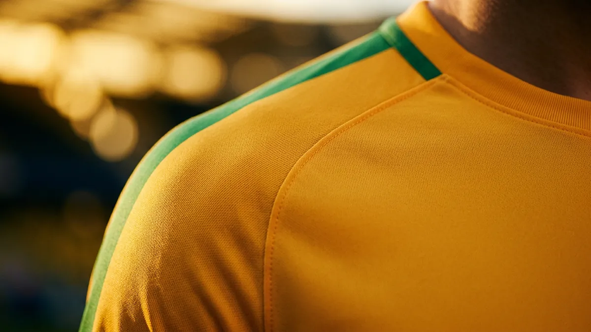 Close-up of a golden-yellow sports jersey with a green collar and green shoulder stripe, shot from behind a person's shoulder in warm shallow-focus light against a blurred stadium background.