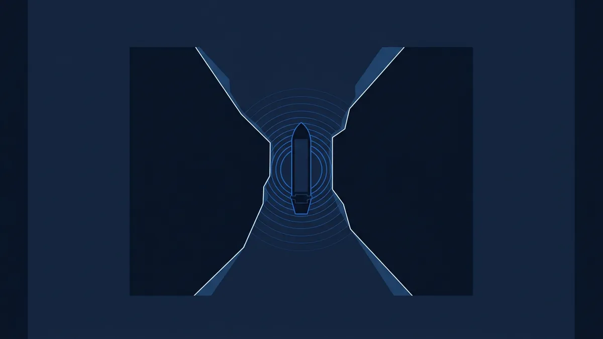A stylised top-down diagram of a bullet or projectile at the centre of concentric blue sonar rings, framed by angular geometric channel shapes on a deep navy background.