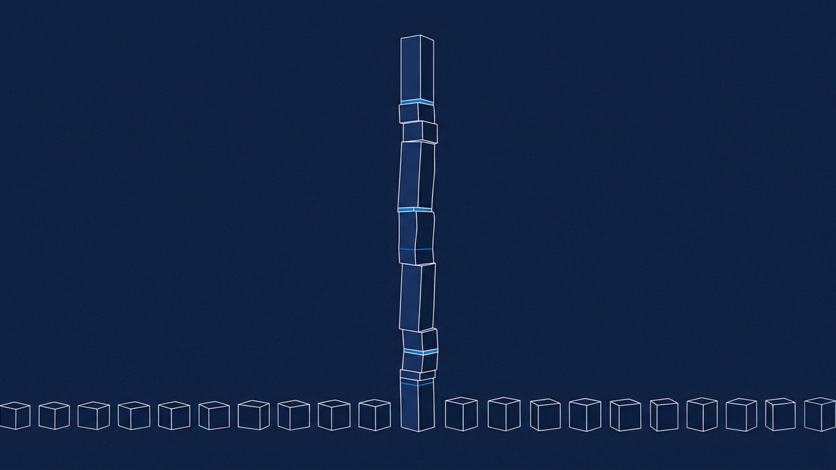 A single tall column rising from a wide flat plain of identical short columns, the lone column dominating the composition