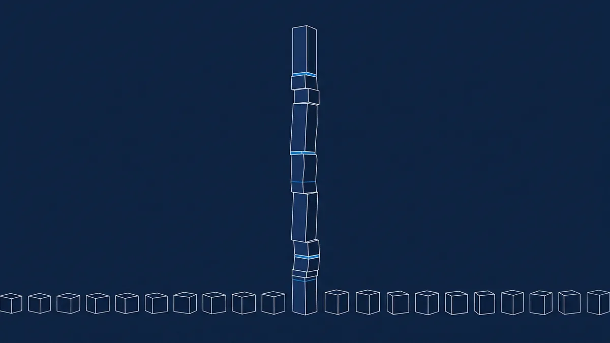 A tall vertical stack of dark navy cubes rises from a horizontal row of small outlined cube wireframes along the bottom edge, all rendered in a deep navy and white line-art style.