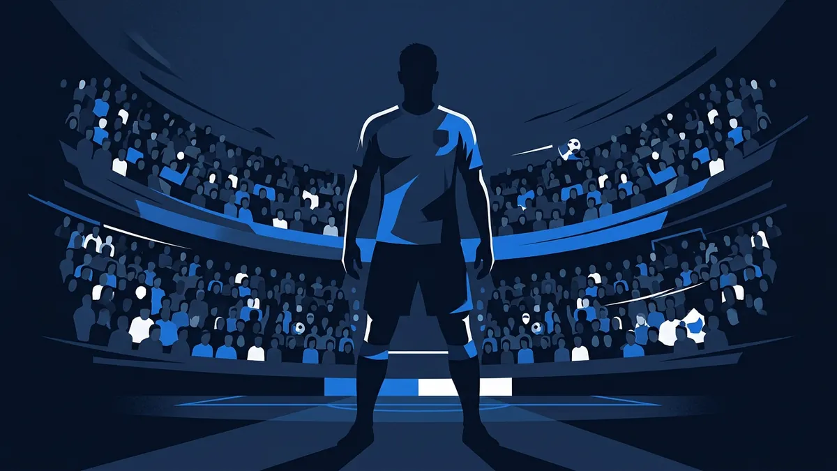 A silhouetted football player stands facing away on a pitch inside a packed stadium, stylised crowds filling tiered stands, rendered in deep navy and electric blue tones.