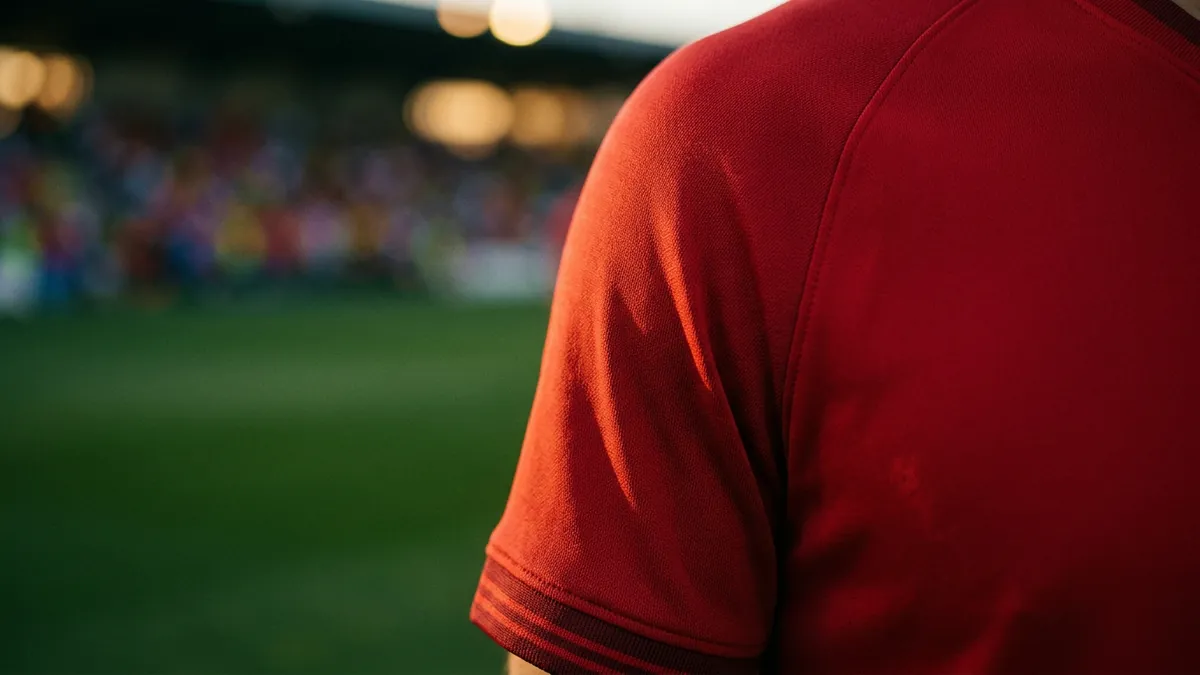 Close-up of a person's upper back and shoulder in a red short-sleeve football jersey, shot from behind at a floodlit stadium with a blurred green pitch and crowd in warm bokeh.