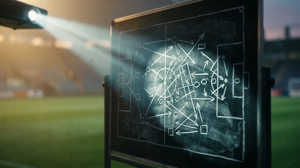 A chalk tactical diagram covered in arrows, circles and squares drawn on a blackboard standing on a pitch-side easel, lit by a stadium floodlight beam, with a blurred green football pitch and stands visible behind it.