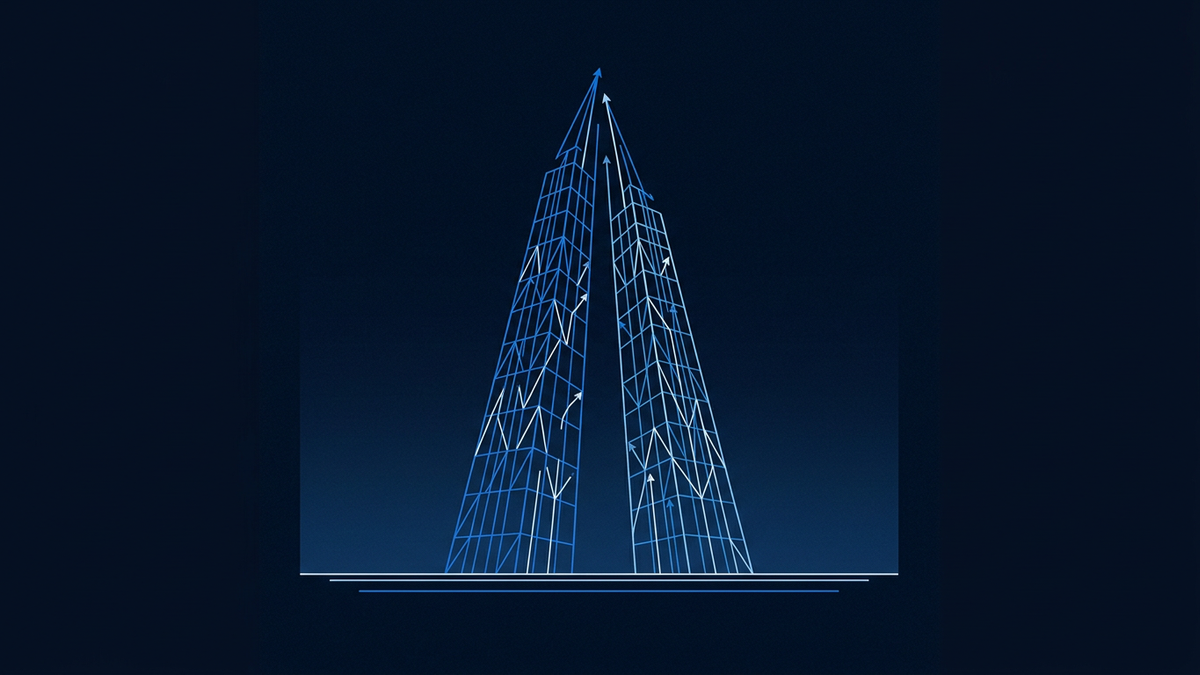 Editorial illustration of two tall abstract towers of rising and falling market lines converging above a quiet horizon at dusk