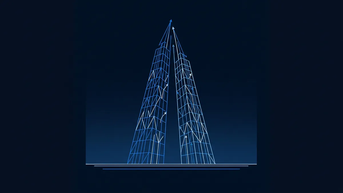 A wireframe tower or spire rendered in glowing blue and white lines rises to a sharp point, with upward arrows tracing paths along its geometric grid structure, set against a deep navy background.