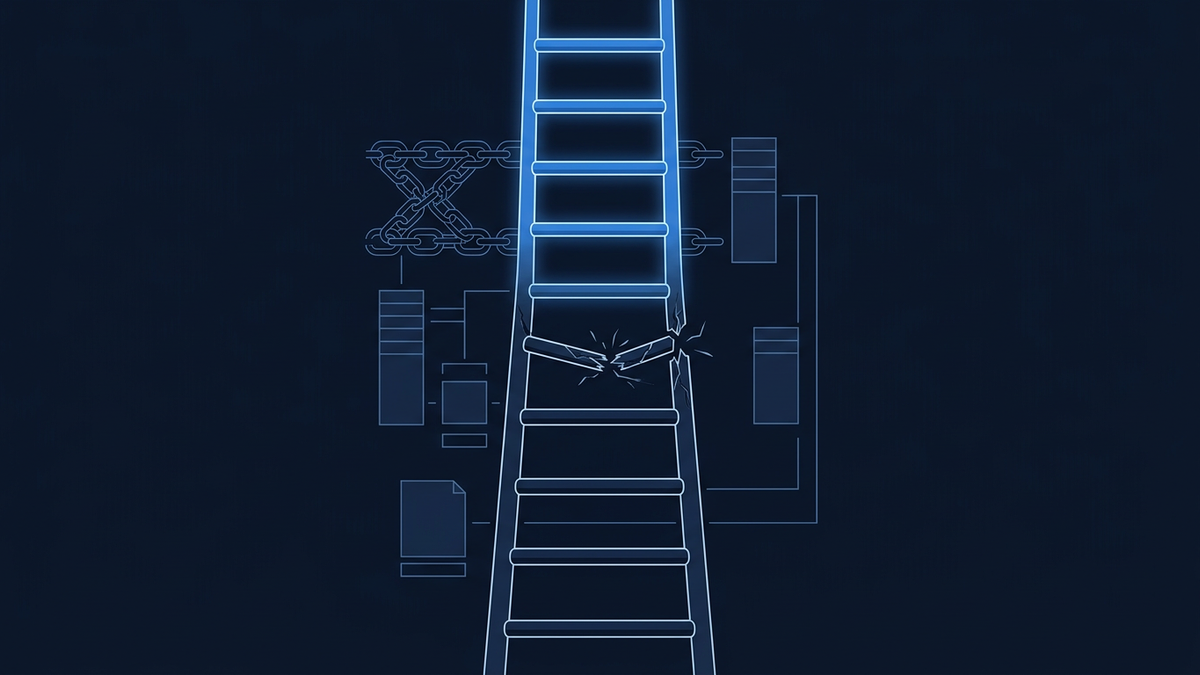 A vertical ladder of price rungs, the upper rungs glowing as settled, a middle rung visibly cracking under pressure