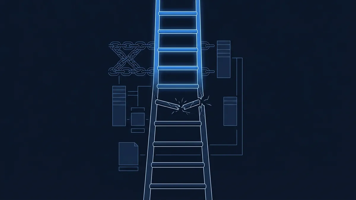A glowing blue neon ladder rises vertically against a dark navy background, with a cracked and breaking rung at its midpoint, surrounded by chain links and flowchart diagram elements in blueprint style.