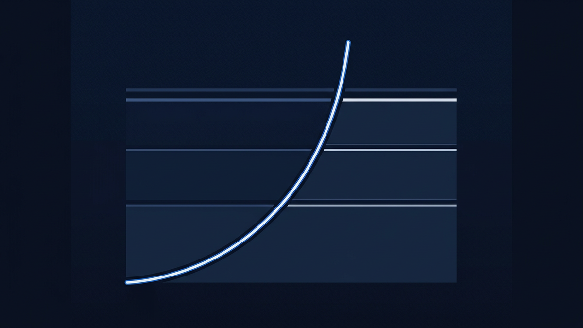A steep ascending price curve passing through a series of horizontal threshold lines, the highest line glowing as the curve approaches it.