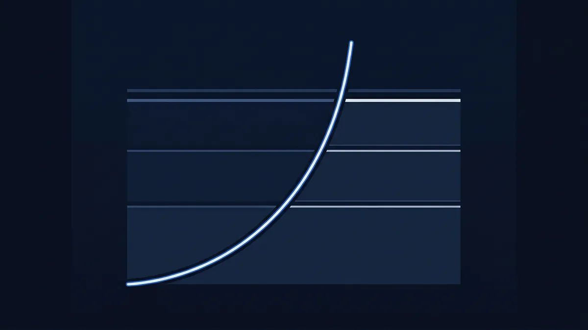 An exponential growth curve rendered in glowing white and light blue rises steeply from bottom-left to top-right across a dark navy chart panel with four horizontal grid lines.