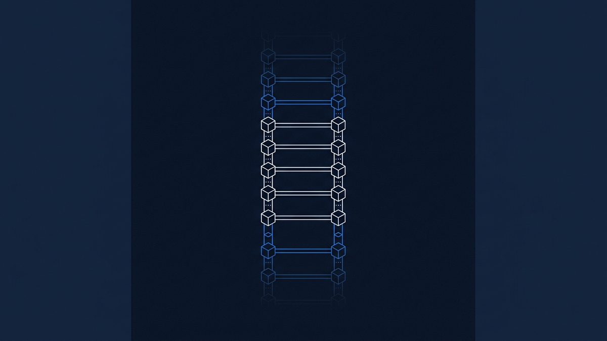 A tall vertical ladder drawn in fine line-work on a deep navy field, its middle rungs picked out in bright white and the rungs above and below fading through blue into near-invisibility at both ends