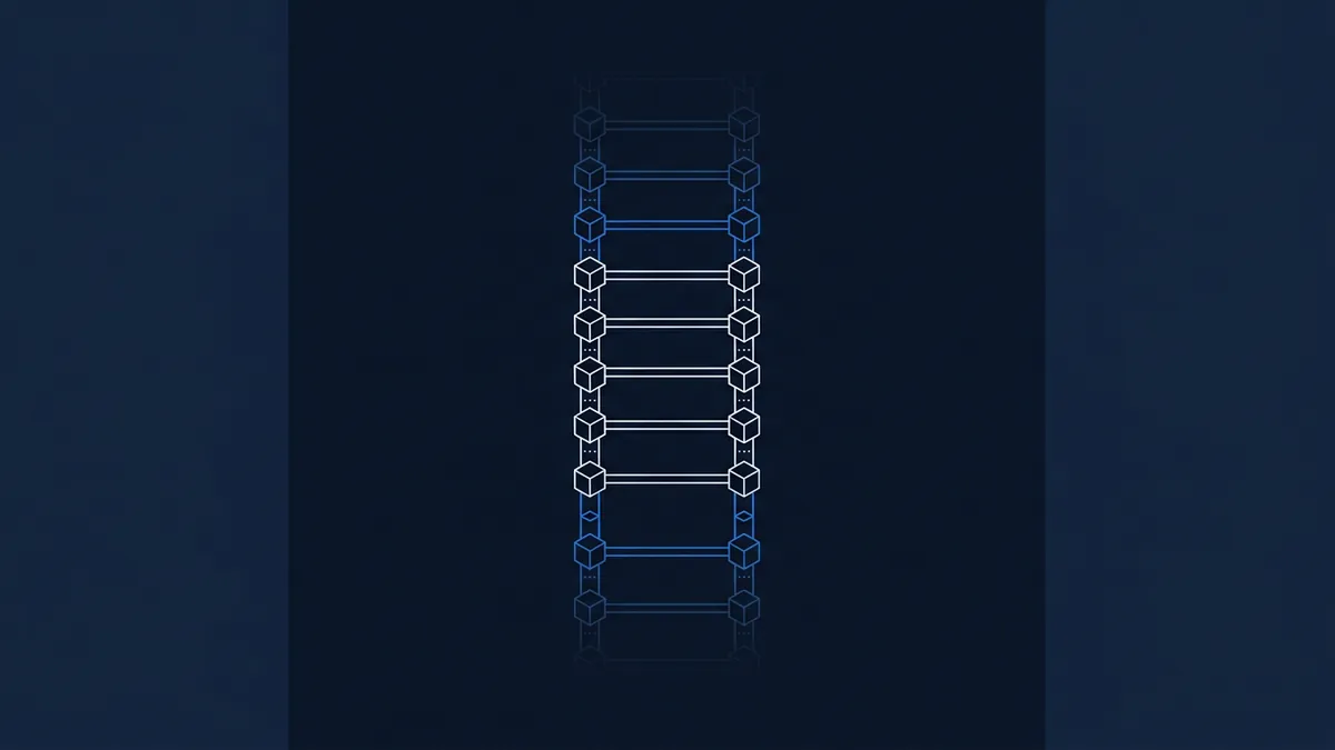 A vertical blockchain-style diagram on a deep navy background, showing paired isometric cube icons connected by horizontal rungs like a ladder, rendered in white and blue line-work that fades toward both ends.